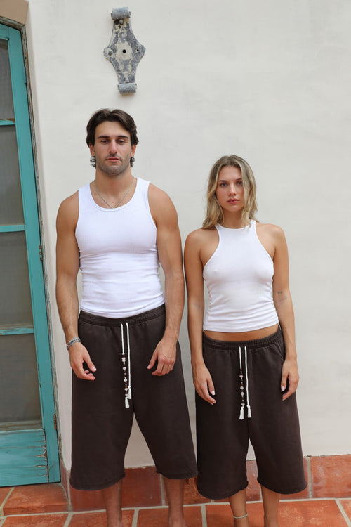 BELDI Mocha shorts · couple facing camera